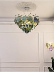 Glass Disc Chandelier Modern Pendant Light Brass or Chrome Finish