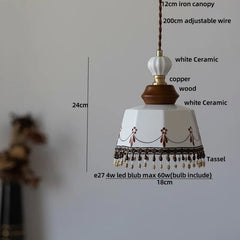 Pendant light with measurements and material details on a gray background