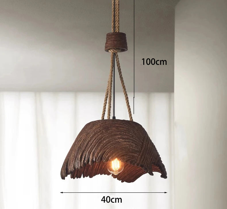 Rustic pendant light with dimensions indicated on a neutral background