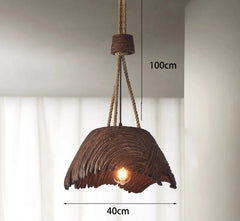 Rustic pendant light with dimensions indicated on a neutral background