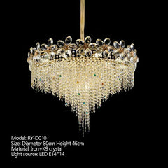 Gold Crystal Flower Chandelier with Cascading Beads and Gem Accents