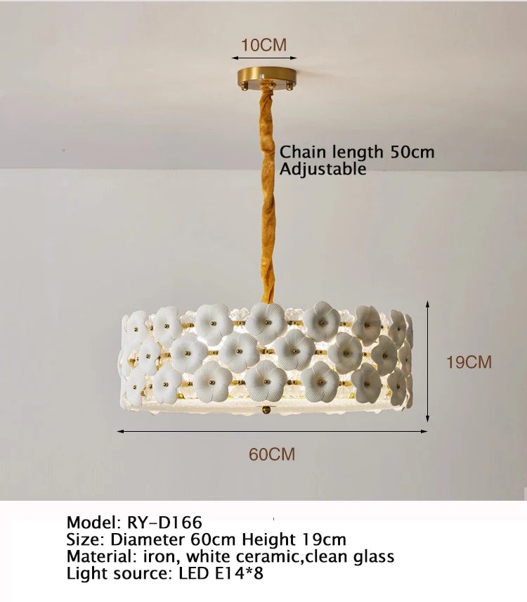 Chandelier with dimensions and specifications on a plain background