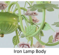 Green Floral Rose Ceramic Semi-Flush Chandelier with Leaf Accents