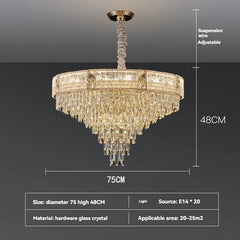 Chandelier with dimensions and specifications on a dark background