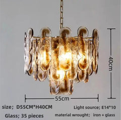 Amber Glass Disc Chandelier with Gold Metal Frame Pendant Light