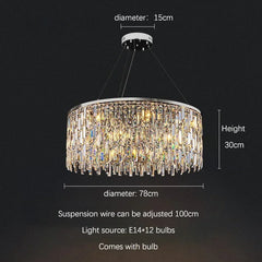 Chandelier with dimensions and specifications on a dark background