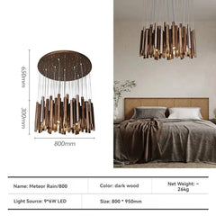 Chandelier with dimensions and product details on a bedroom background