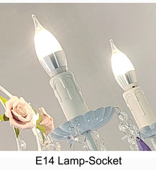 White Metal Chandelier with Rose Buds and Purple Crystal Drops