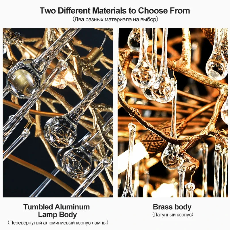 Split image showing close-ups of two chandelier frame options: one with tumbled aluminum and the other with a brass body, both featuring clear glass crystals.