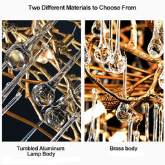 Split image showing close-ups of two chandelier frame options: one with tumbled aluminum and the other with a brass body, both featuring clear glass crystals.