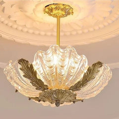 Gold Shell Glass Pendant Light with Leaf Accents