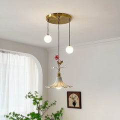 Gold Metal Chandelier with Rose Bud Accents and Frosted Glass Shades