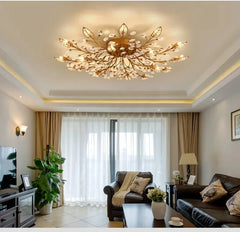 Gold Crystal Leaf Semi-Flush Mount Light with Branch Accents