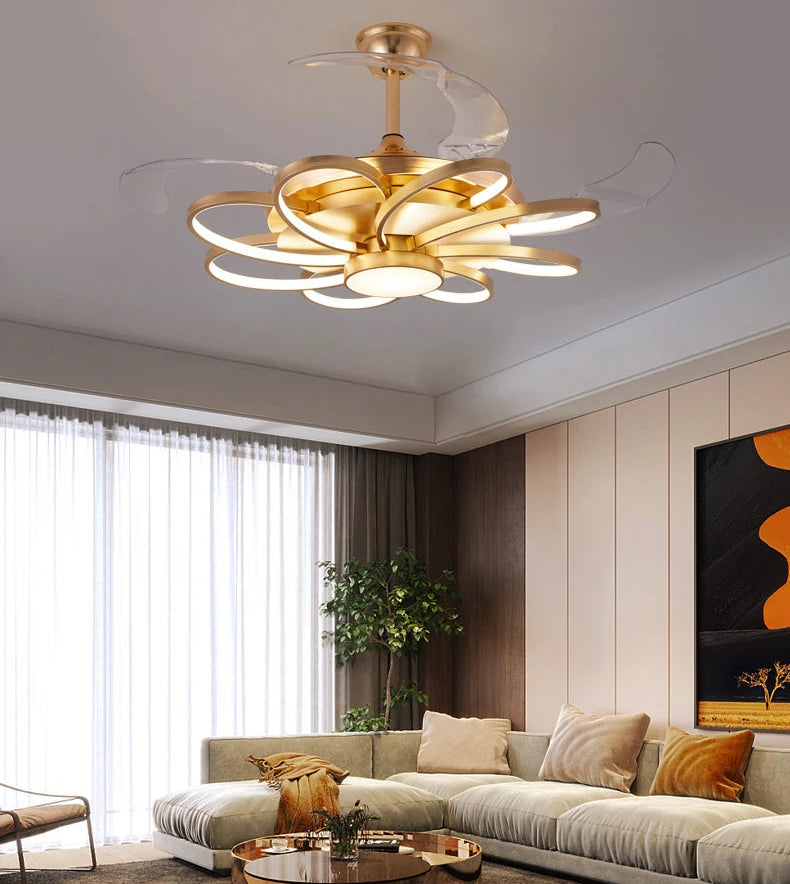 Modern ceiling fan with light fixture in a living room setting