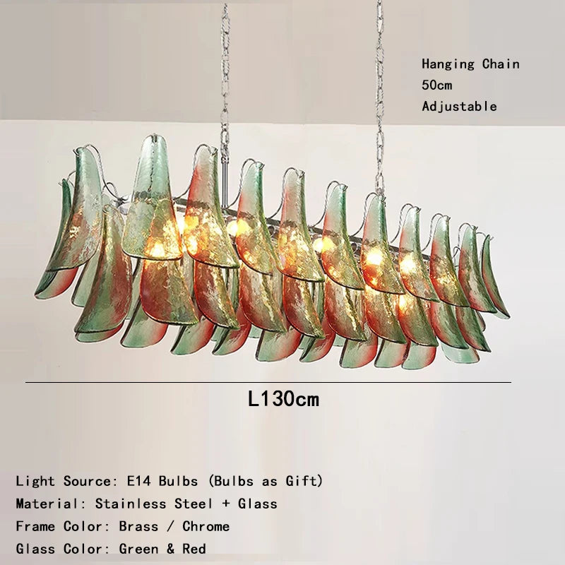 Chandelier with green and red glass shades on a white background