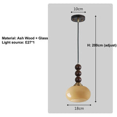 Pendant light with dimensions and material details on a gray background