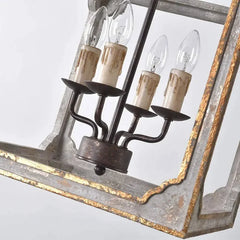 Distressed Gray and Gold Metal Lantern Chandelier with Candle Lights