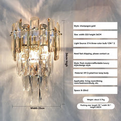 Champagne gold wall sconce with crystal design and dimensions on a gray background