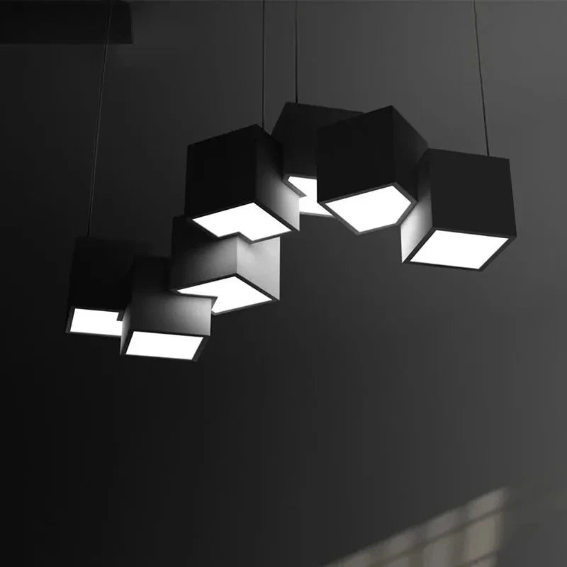 Modern chandelier with geometric design on a dark background