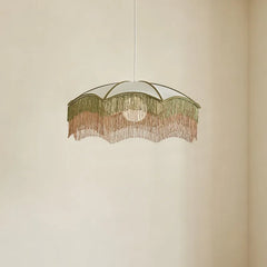White Scalloped Shade Pendant Light with Layered Green and Tan Tassels