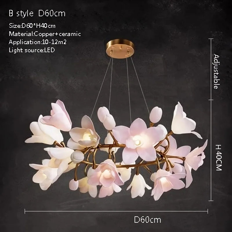 Floral chandelier with dimensions and specifications on a dark background