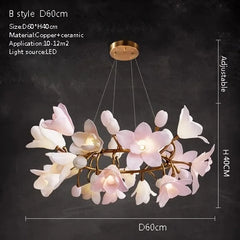 Floral chandelier with dimensions and specifications on a dark background