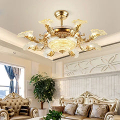 Gold Floral Fan Light with Clear Petal Shades and Rose Accents