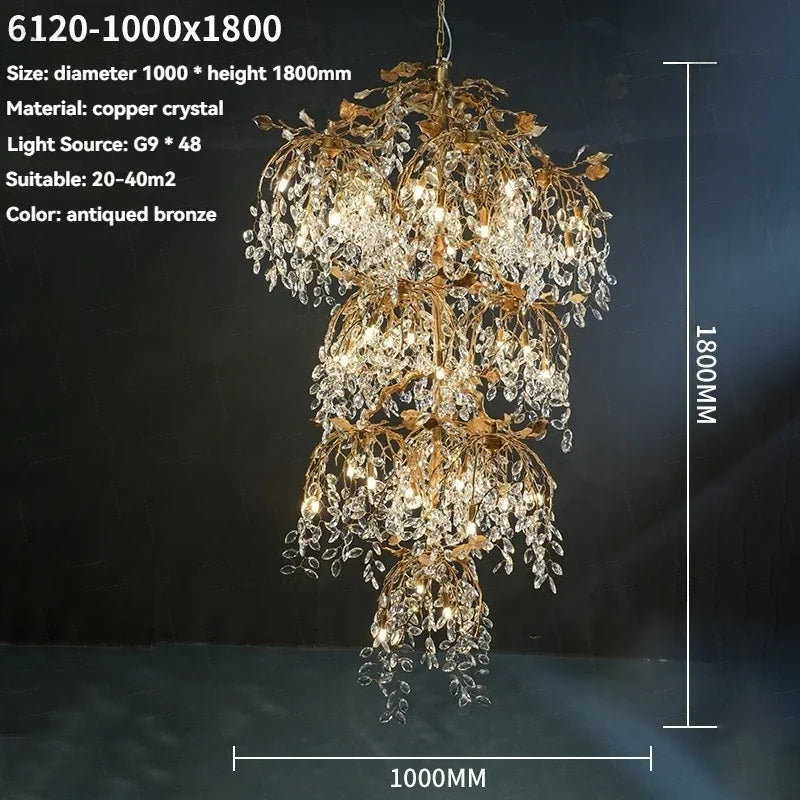 Antiqued bronze chandelier with measurements on a dark background