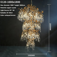 Antiqued bronze chandelier with measurements on a dark background