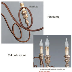 Detail shots of the chandelier's iron frame and E14 bulb socket, with text labels.