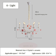 White Candelabra Chandelier with Pink Roses & Crystal Drops