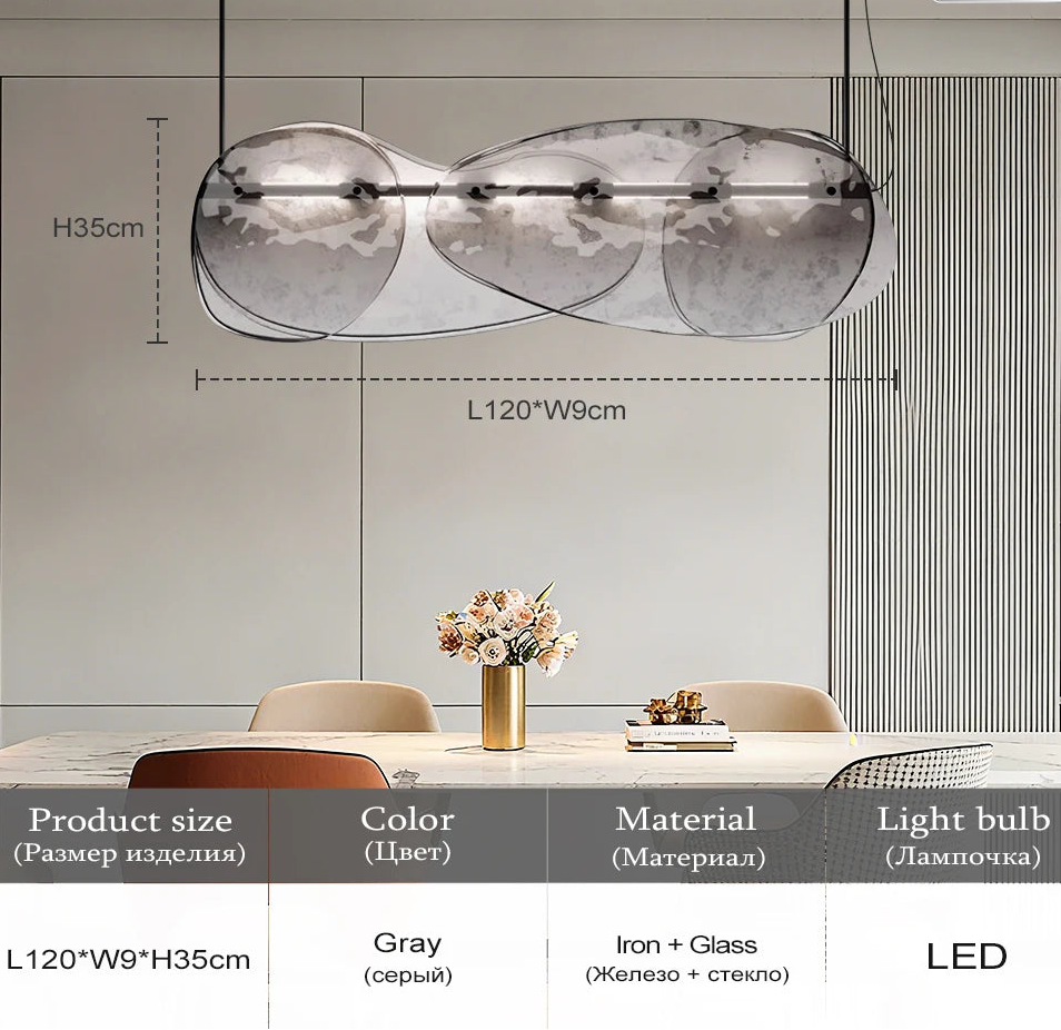 Modern pendant light fixture with dimensions and product details on a neutral background