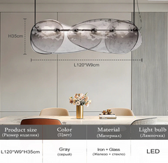 Modern pendant light fixture with dimensions and product details on a neutral background