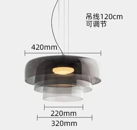Pendant light with dimensions and specifications on a white background