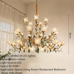 Gold Floral Glass Chandelier Multi-Arm Pendant Light