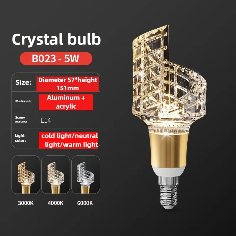 Crystal bulb with specifications on a dark background