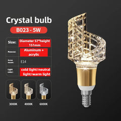 Crystal bulb with specifications on a dark background