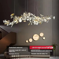 Gold Metal Ginkgo Leaf Pendant Chandelier with White Ceramic Flowers