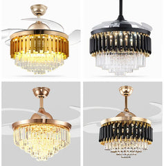 Four different designs of ceiling fans with light fixtures on a white background.