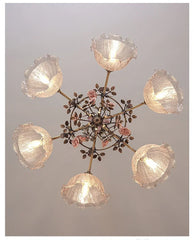 Gold Metal Chandelier with Rose Bud Accents and Frosted Glass Shades