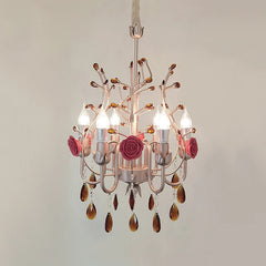 Pink Rose Ceramic Crystal Chandelier Semi-Flush Mount Light