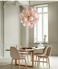 Pink Glass Orb Chandelier with Gold Metal Frame Clusters