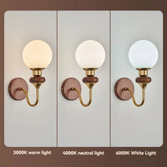 Wood and Brass Arm Wall Sconce with Frosted Glass Shade