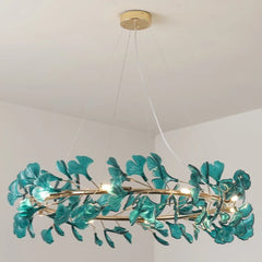 Gold Ginkgo Leaf Ring Pendant Light Fixture with Amber Glow