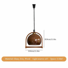 Amber Glass Dome Pendant Light with Wood Accents