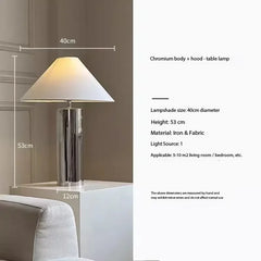 Table lamp with dimensions and specifications on a neutral background