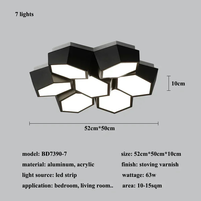 Modern ceiling light fixture with geometric design on a gray background, including dimensions and technical specifications.