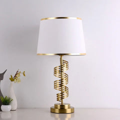 Gold Spiral Table Lamp with Geometric Band Fabric Shade