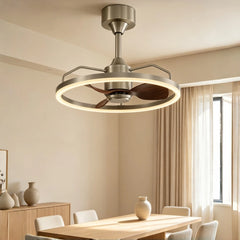 Brushed nickel ceiling fan with an integrated LED ring light, shown above a dining table.