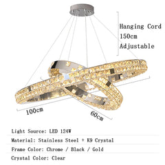 Chandelier with dimensions and material details on a white background